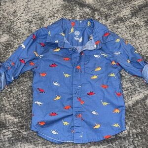 🩷5/$25 Wonder Nation Blue boys collared Shirt with colorful Dinosaurs